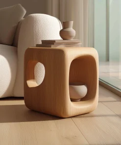 Rounded Cube Wooden Side Table With Open Display Compartment