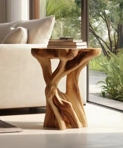 Twisted Sculptural Wooden Accent Side Table For Living Spaces