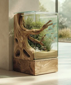 Vertical Wooden Aquarium Display With Sculptural Branch Form